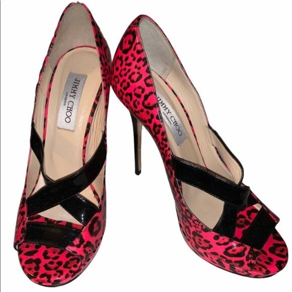 Jimmy Choo Hot Pink Animal Print Open Toe Heels Size 38.5 - Picture 1 of 9